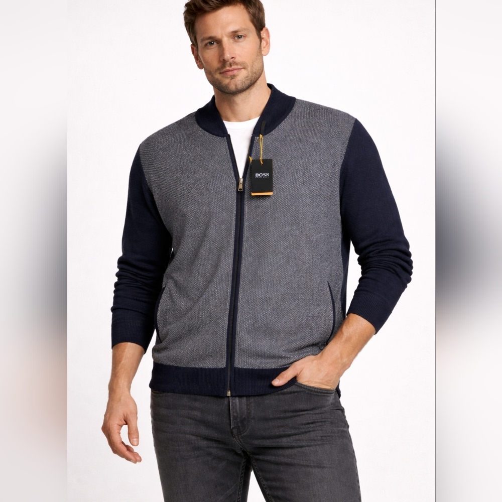 Hugo Boss Navy Blue Textured Full Zip Sweater Jacket | Size XL | Luxury Knit NWT